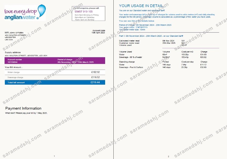 United Kingdom Anglian Water utility bill template in Word and PDF formats, 2 pages